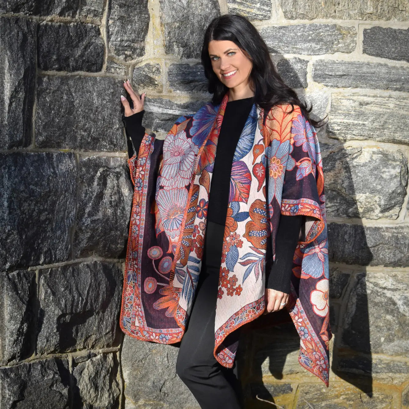 Reversible Ruana Kimono Wrap - Navy/Orange Floral