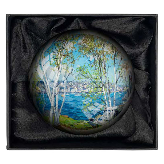 Birches and Harbor, Maine Glass Paperweight