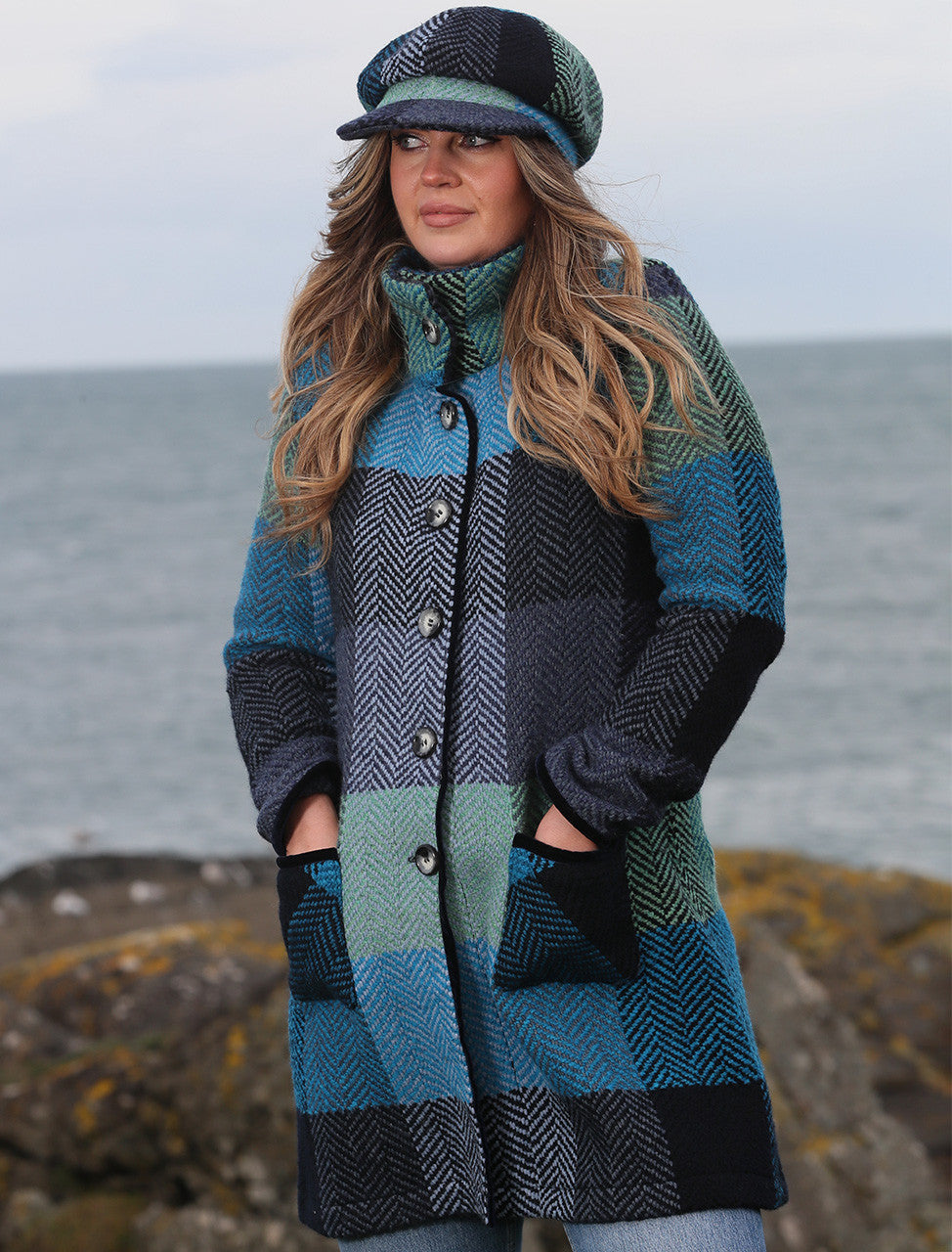 Emma Tweed Herringbone Coat in Donegal Blue