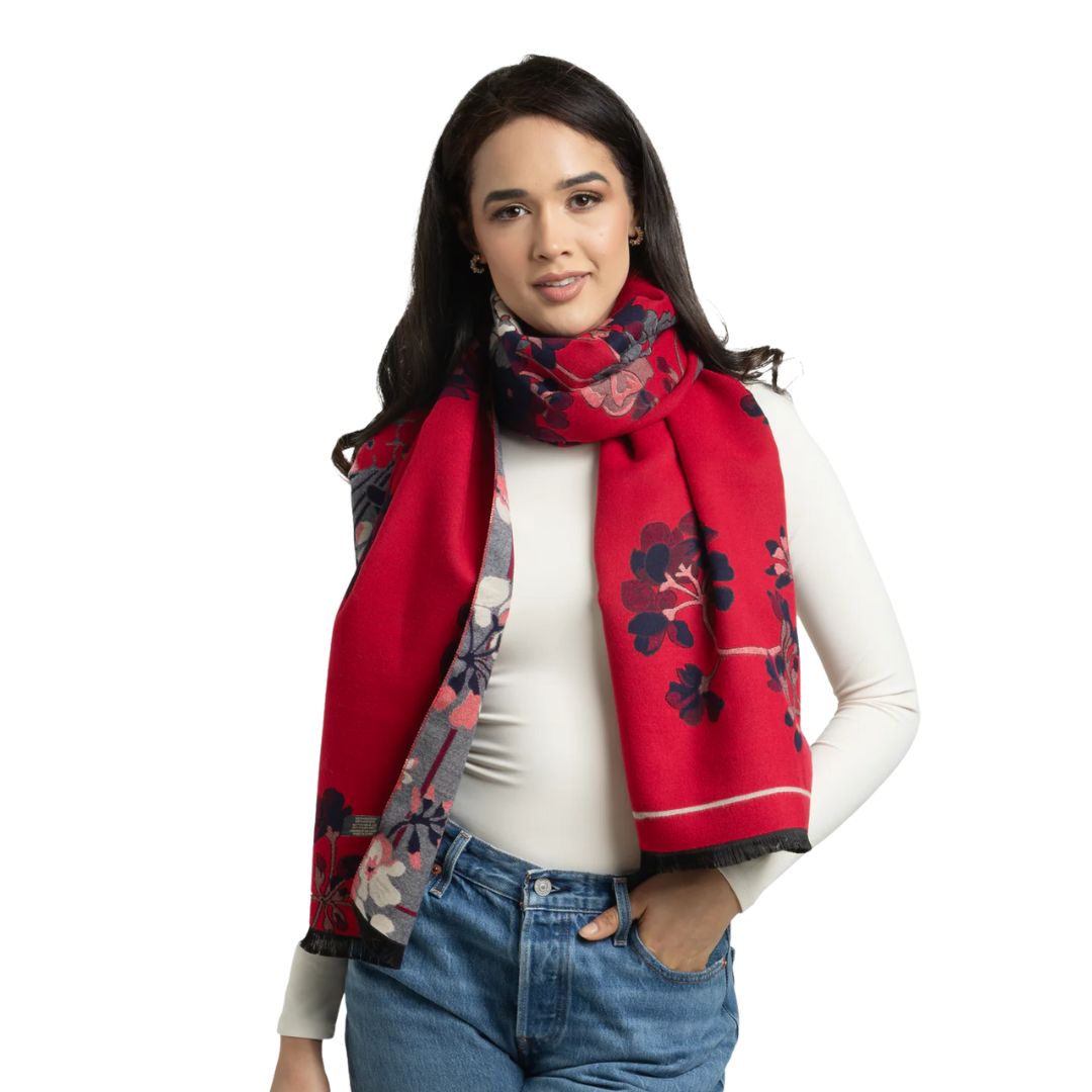 Reversible Floral Wrap Scarf - Red/Grey