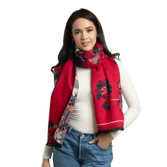 Reversible Floral Wrap Scarf - Red/Grey