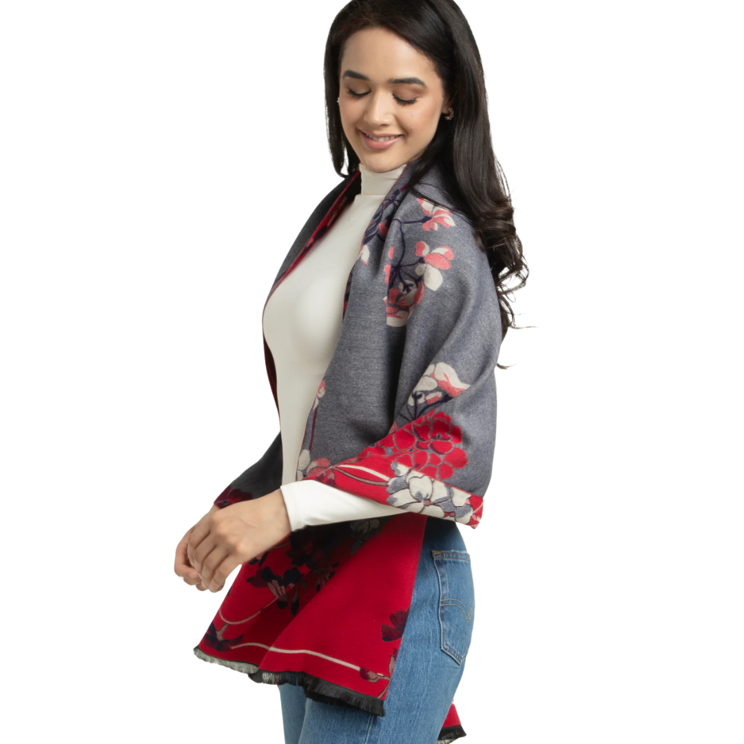 Reversible Floral Wrap Scarf - Red/Grey