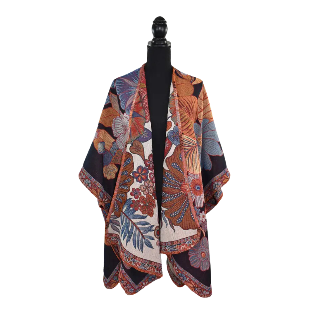 Reversible Ruana Kimono Wrap - Navy/Orange Floral