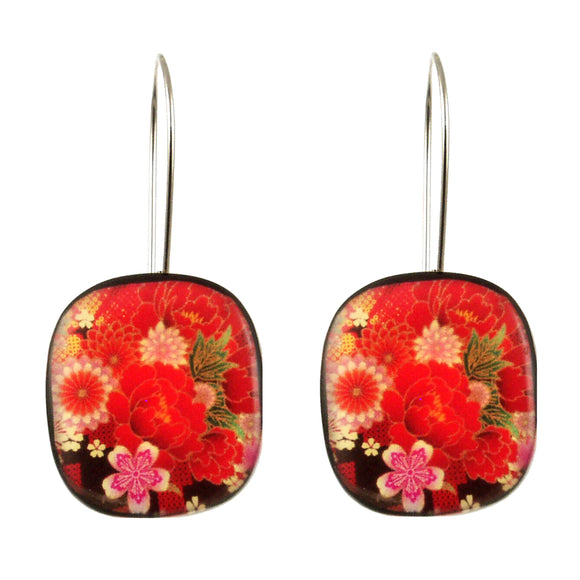 Red Kimono Rounded Square Earrings