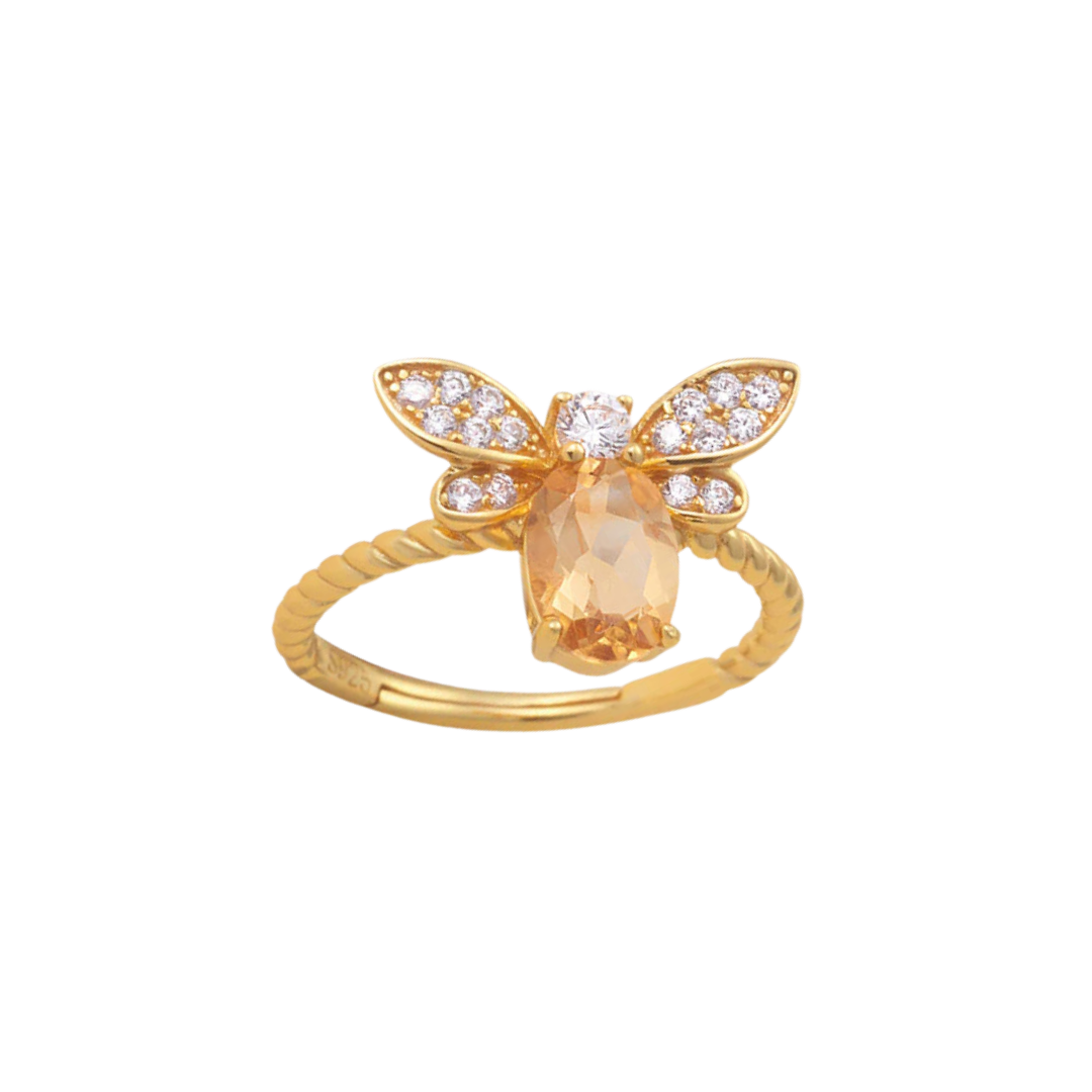 Honeybee Citrine Crystal Gold Adjustable Ring