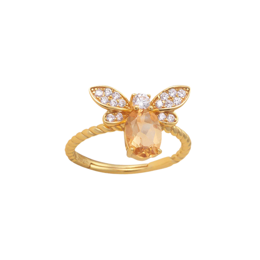 Honeybee Citrine Crystal Gold Adjustable Ring