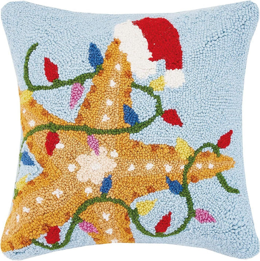 Festive Starfish Wool Hooked Pillow