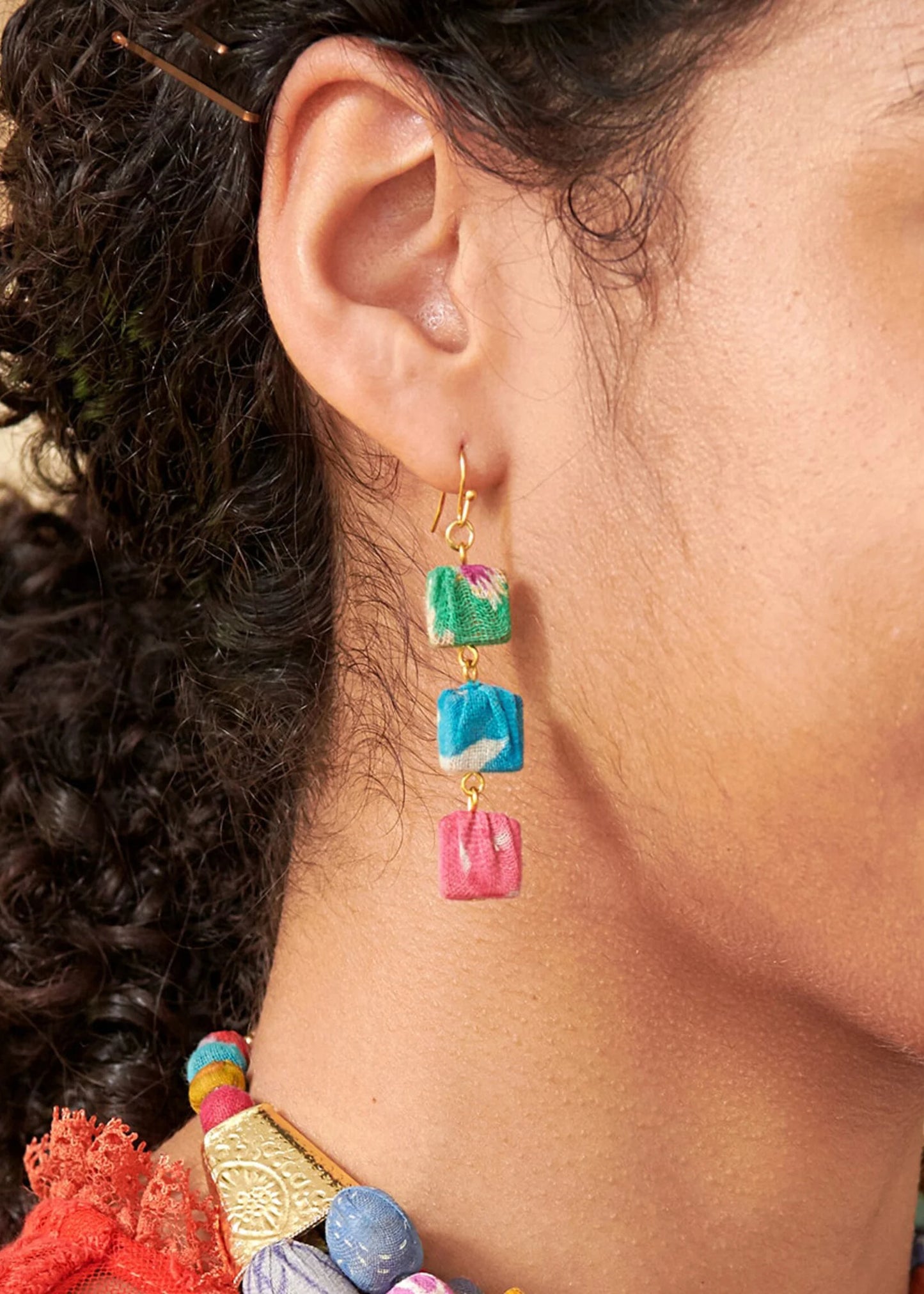 Kantha Fluid Square Trio Earrings